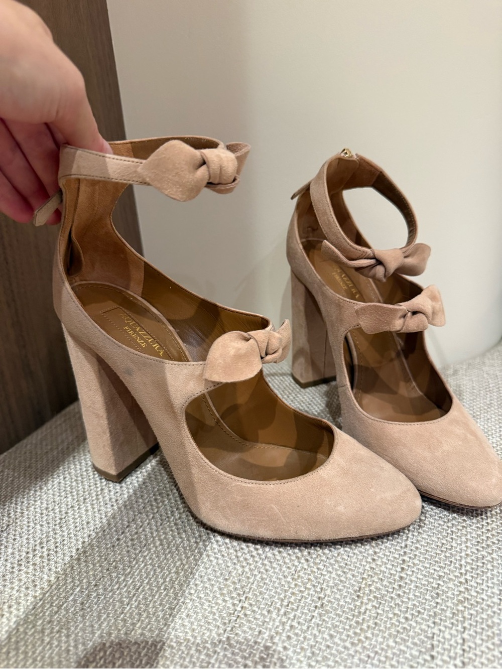 Aquazzura Blush Suede Bow Ankle-Strap Block Heels